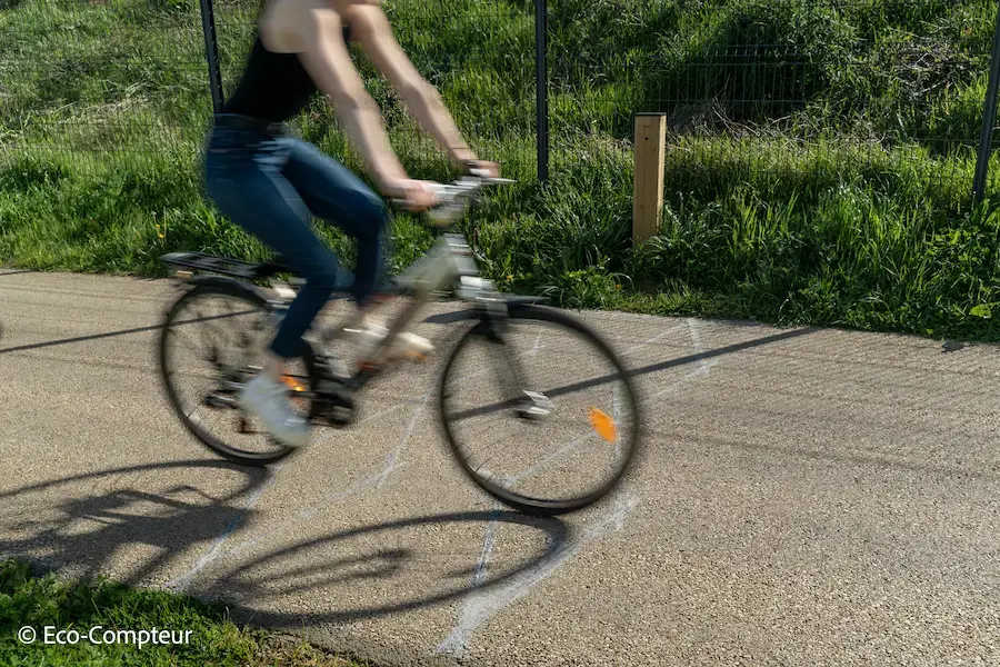 Eco-Counter Nature permanently installed alongside a paved path, detecting a passing cyclist